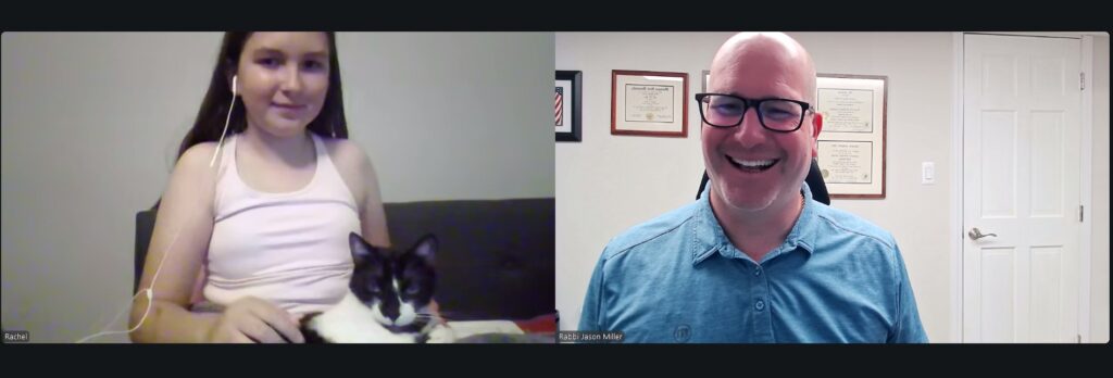 Bat Mitzvah Student and Cat on Zoom
